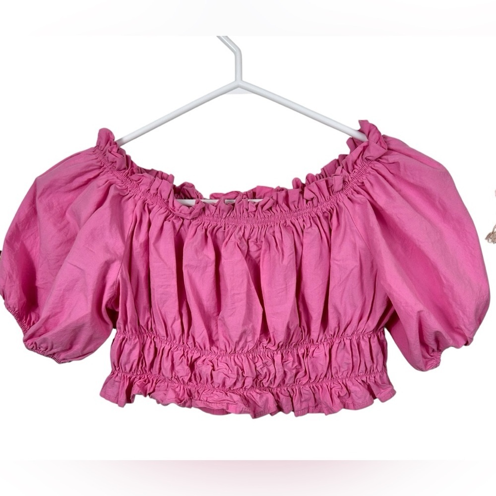Zara bright pink puff sleeve ruched crop top, S, Fun Flirty Girly Vacation